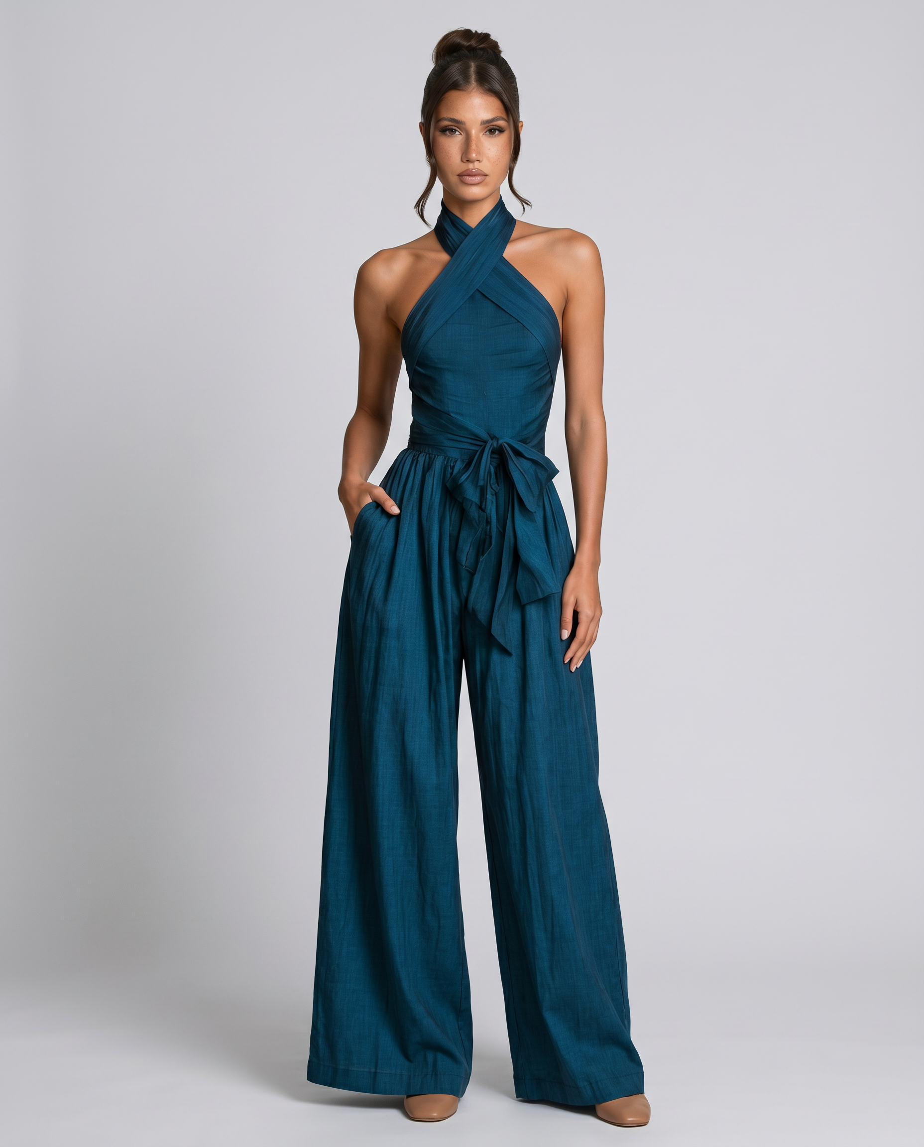 Women's Linen Blend Cross Halter Jumpsuit with Wide Legs & Tie Waist – Summer Resort Wear