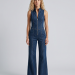 Women's Sleeveless Denim Flared Jumpsuit with High Neck & Front Zip – Retro Denim Jumpsuit