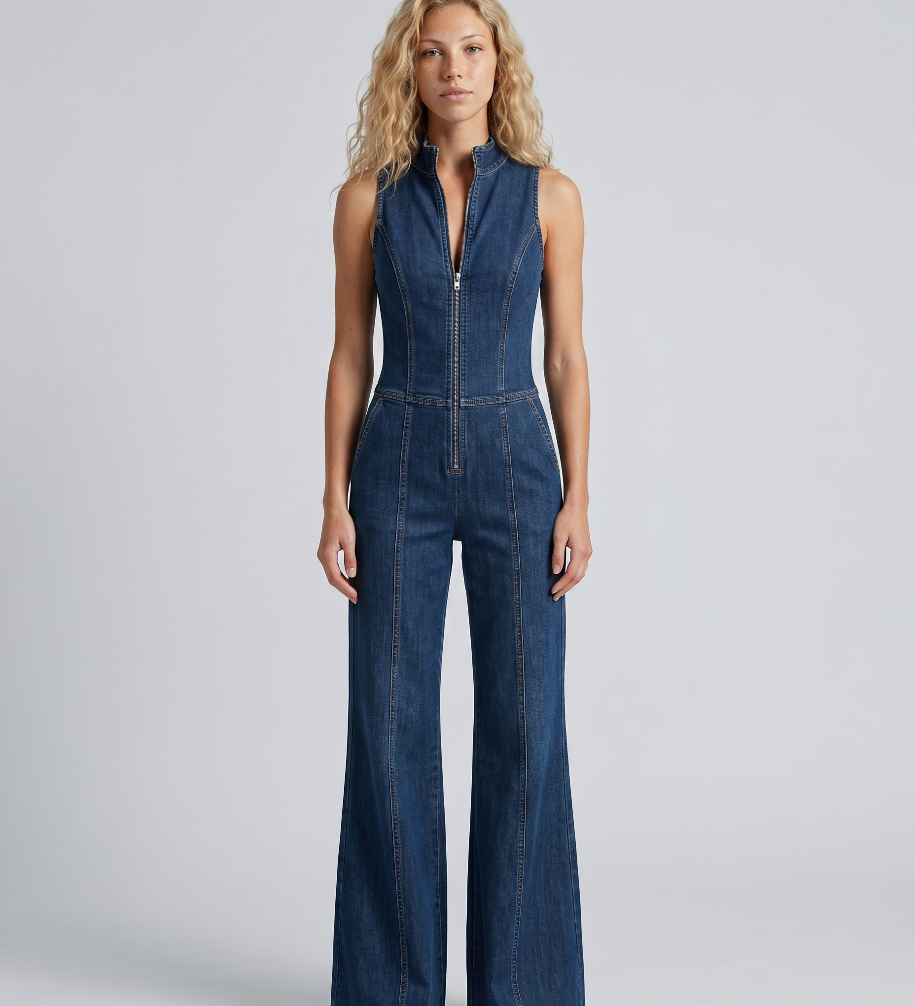 Women's Sleeveless Denim Flared Jumpsuit with High Neck & Front Zip – Retro Denim Jumpsuit