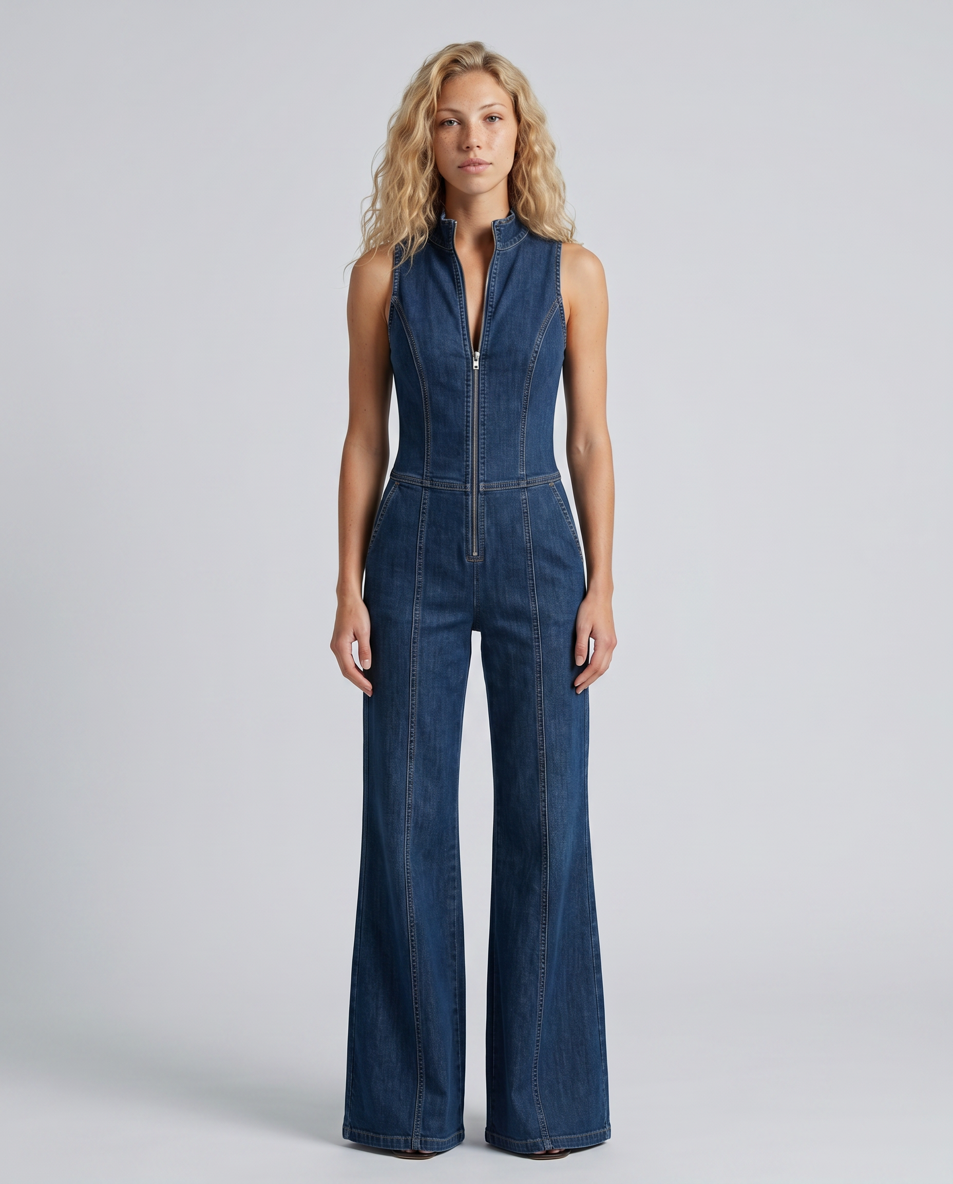 Women's Sleeveless Denim Flared Jumpsuit with High Neck & Front Zip – Retro Denim Jumpsuit