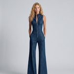 Women's Sleeveless Denim Flared Jumpsuit with High Neck & Front Zip – Retro Denim Jumpsuit