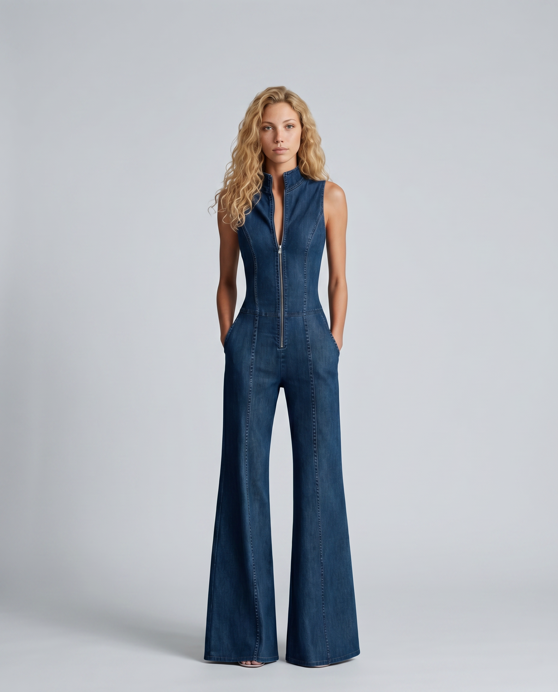 Women's Sleeveless Denim Flared Jumpsuit with High Neck & Front Zip – Retro Denim Jumpsuit