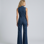 Women's Sleeveless Denim Flared Jumpsuit with High Neck & Front Zip – Retro Denim Jumpsuit
