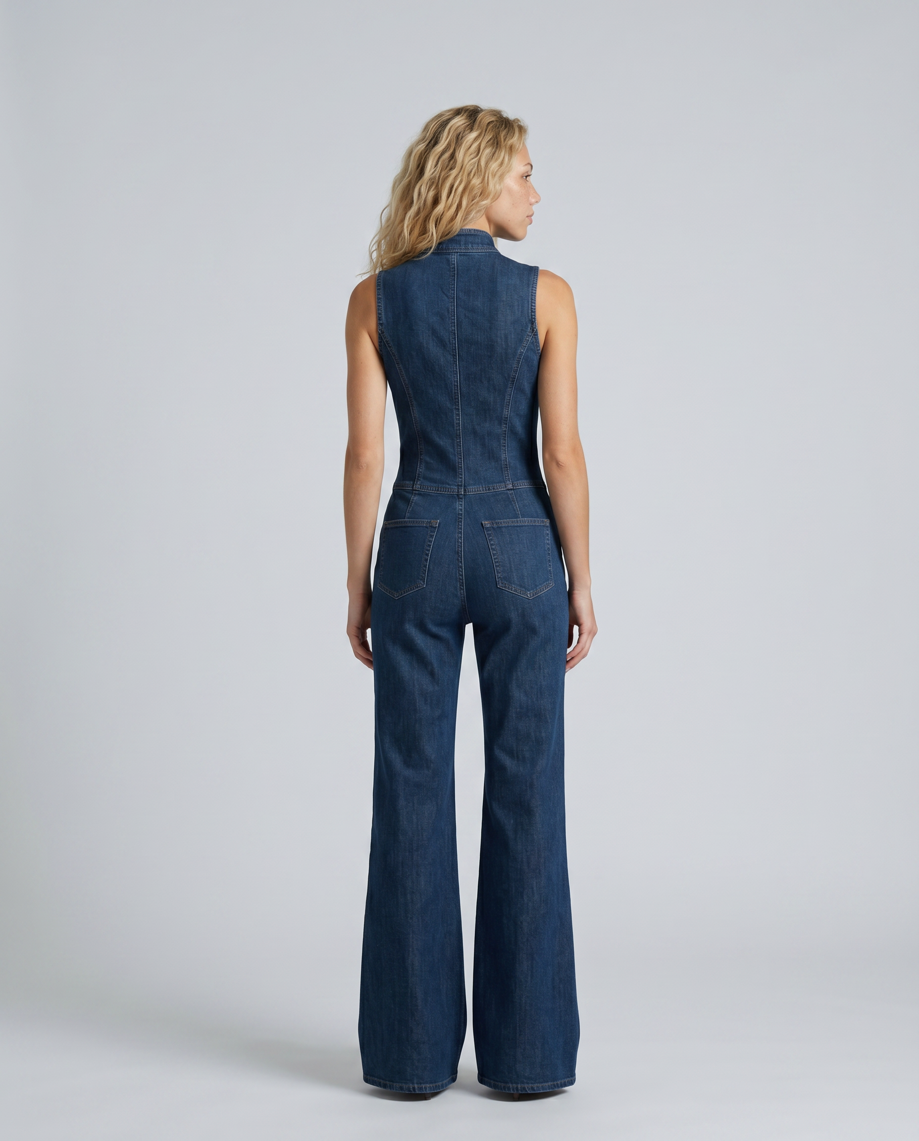 Women's Sleeveless Denim Flared Jumpsuit with High Neck & Front Zip – Retro Denim Jumpsuit