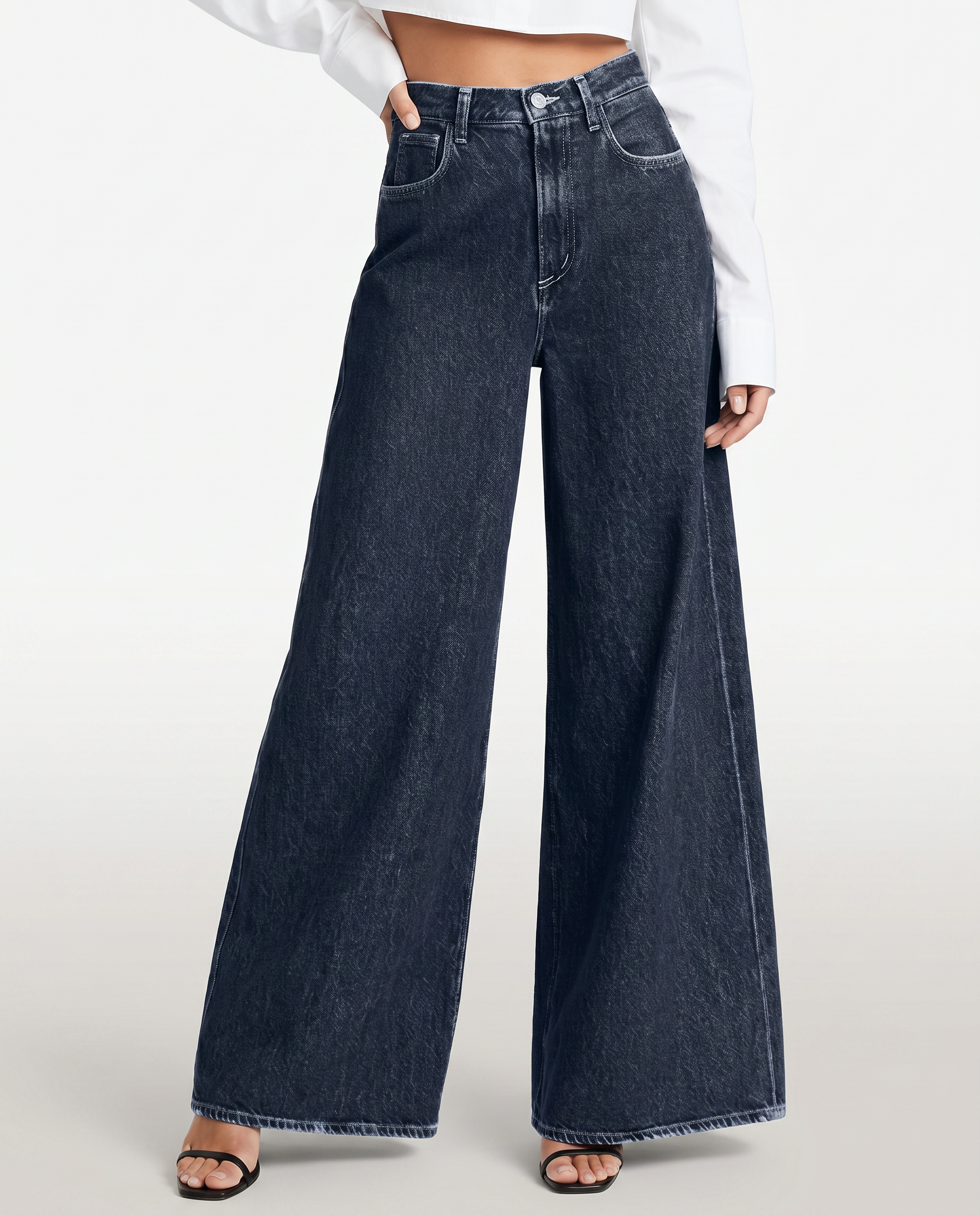 Women's High-Waist Wide-Leg Jeans – Relaxed Fit Full-Length Blue Denim for Everyday Wear
