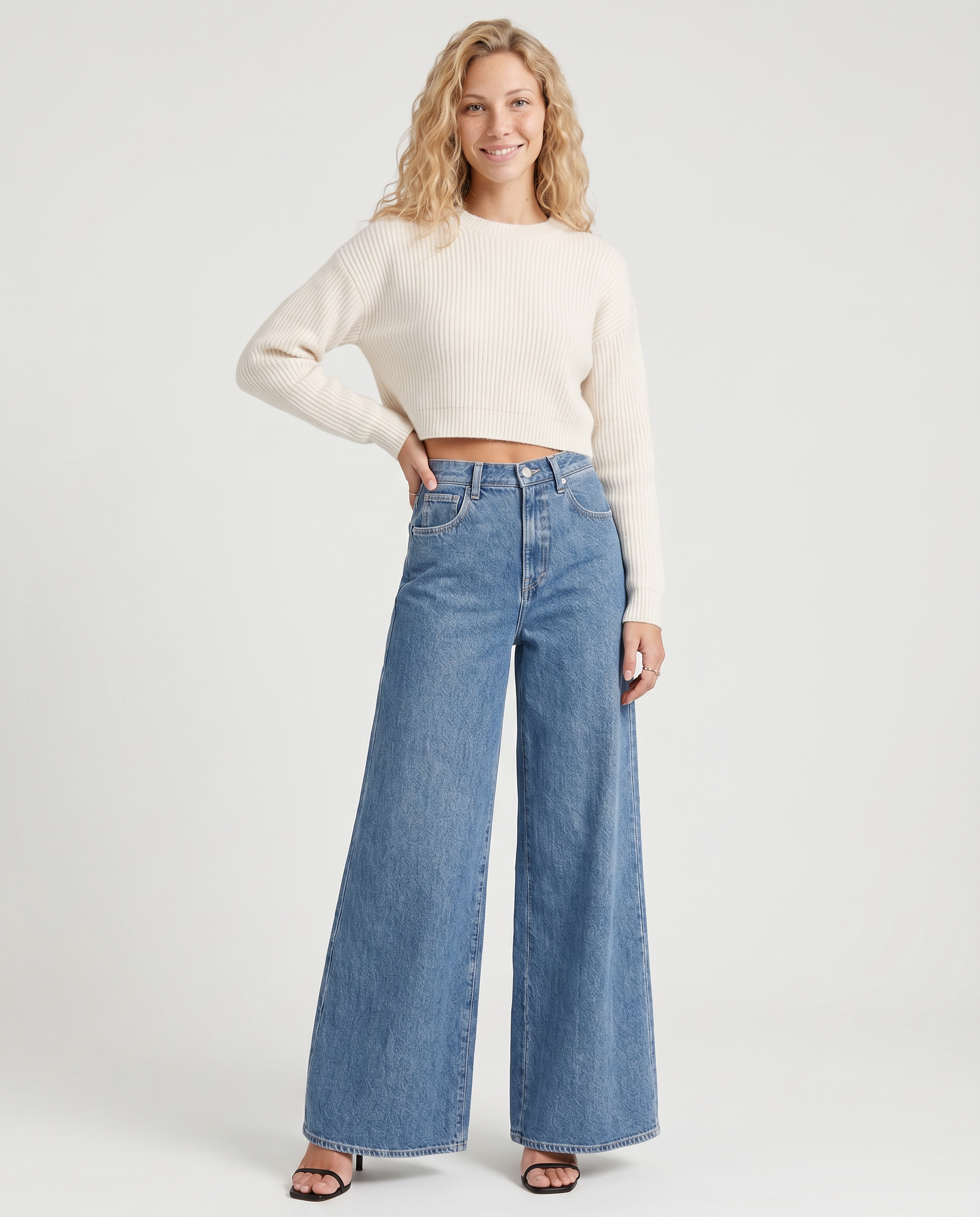 Women's High-Waist Wide-Leg Jeans – Relaxed Fit Full-Length Blue Denim for Everyday Wear