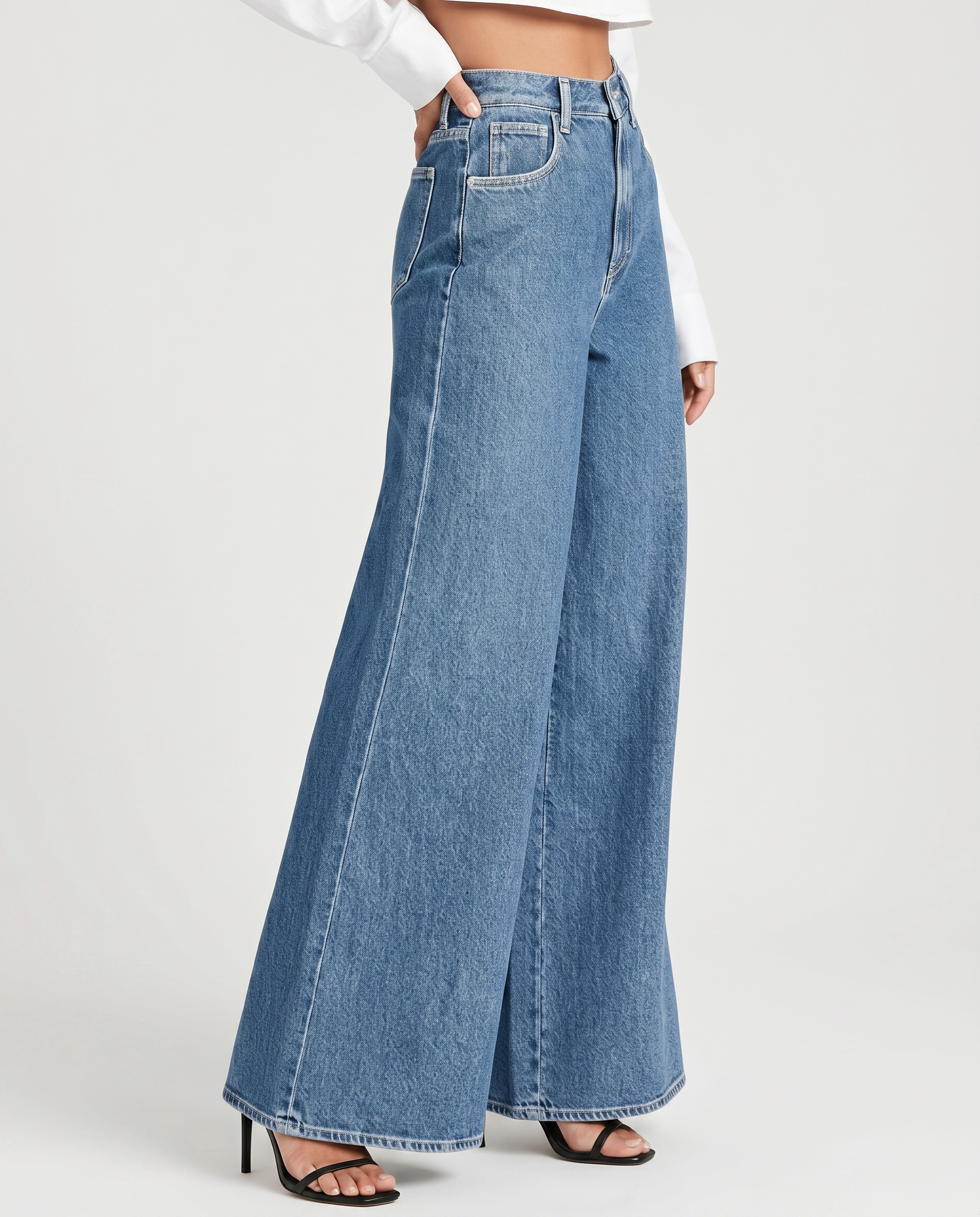 Women's High-Waist Wide-Leg Jeans – Relaxed Fit Full-Length Blue Denim for Everyday Wear