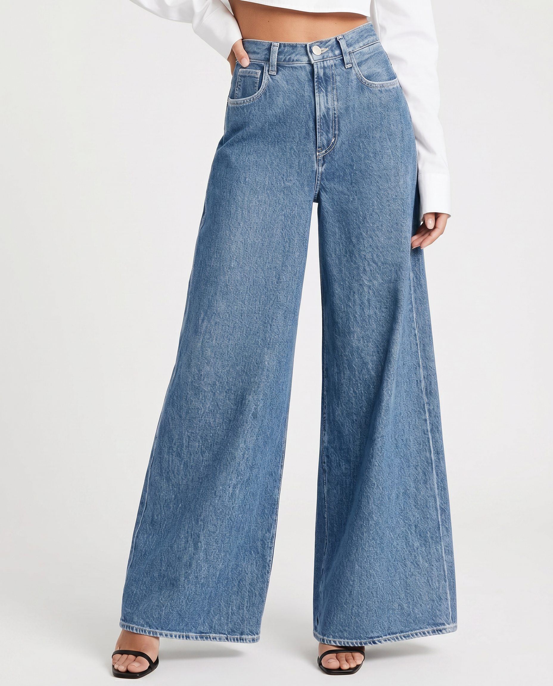 Women's High-Waist Wide-Leg Jeans – Relaxed Fit Full-Length Blue Denim for Everyday Wear
