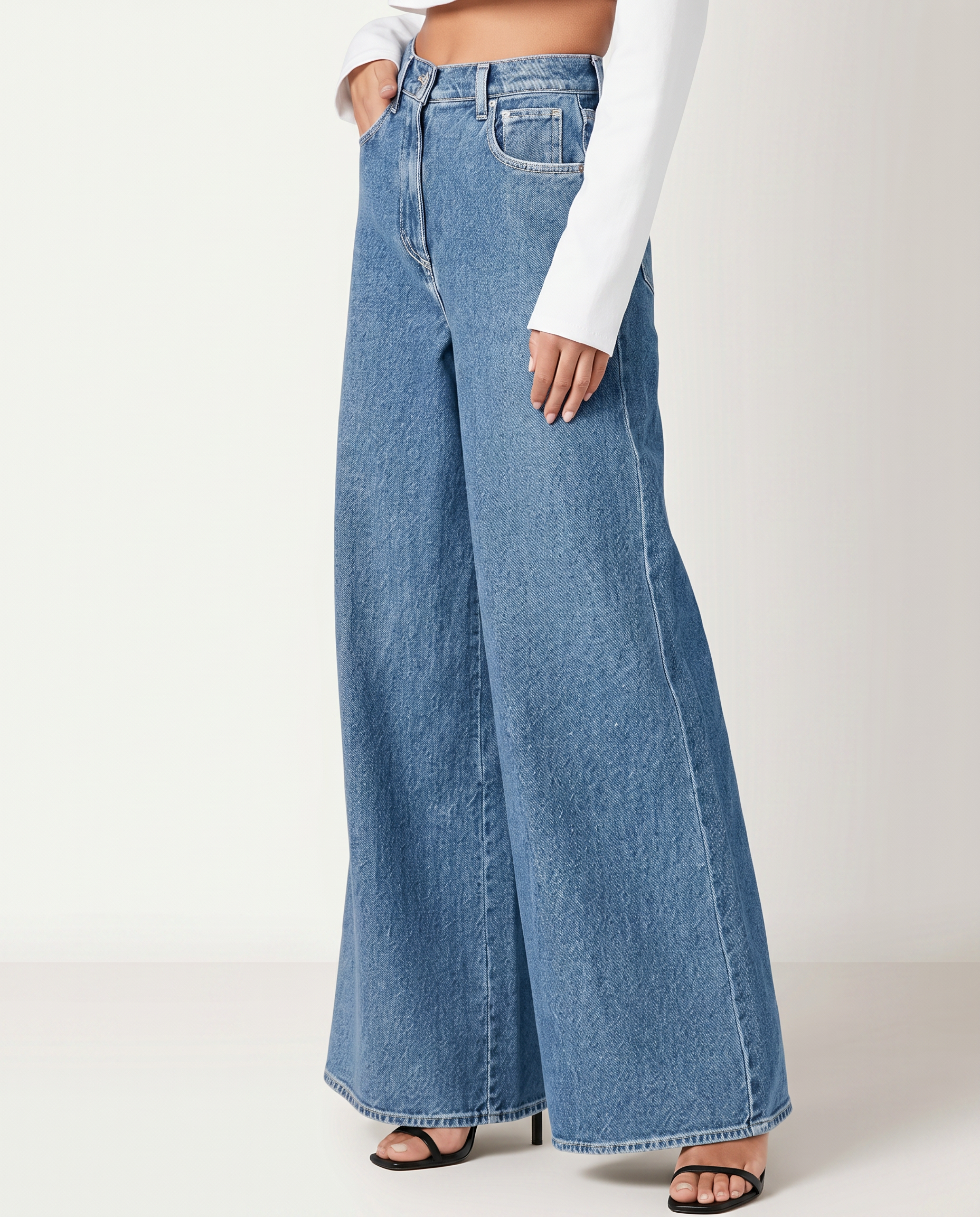 Women's High-Waist Wide-Leg Jeans – Relaxed Fit Full-Length Blue Denim for Everyday Wear