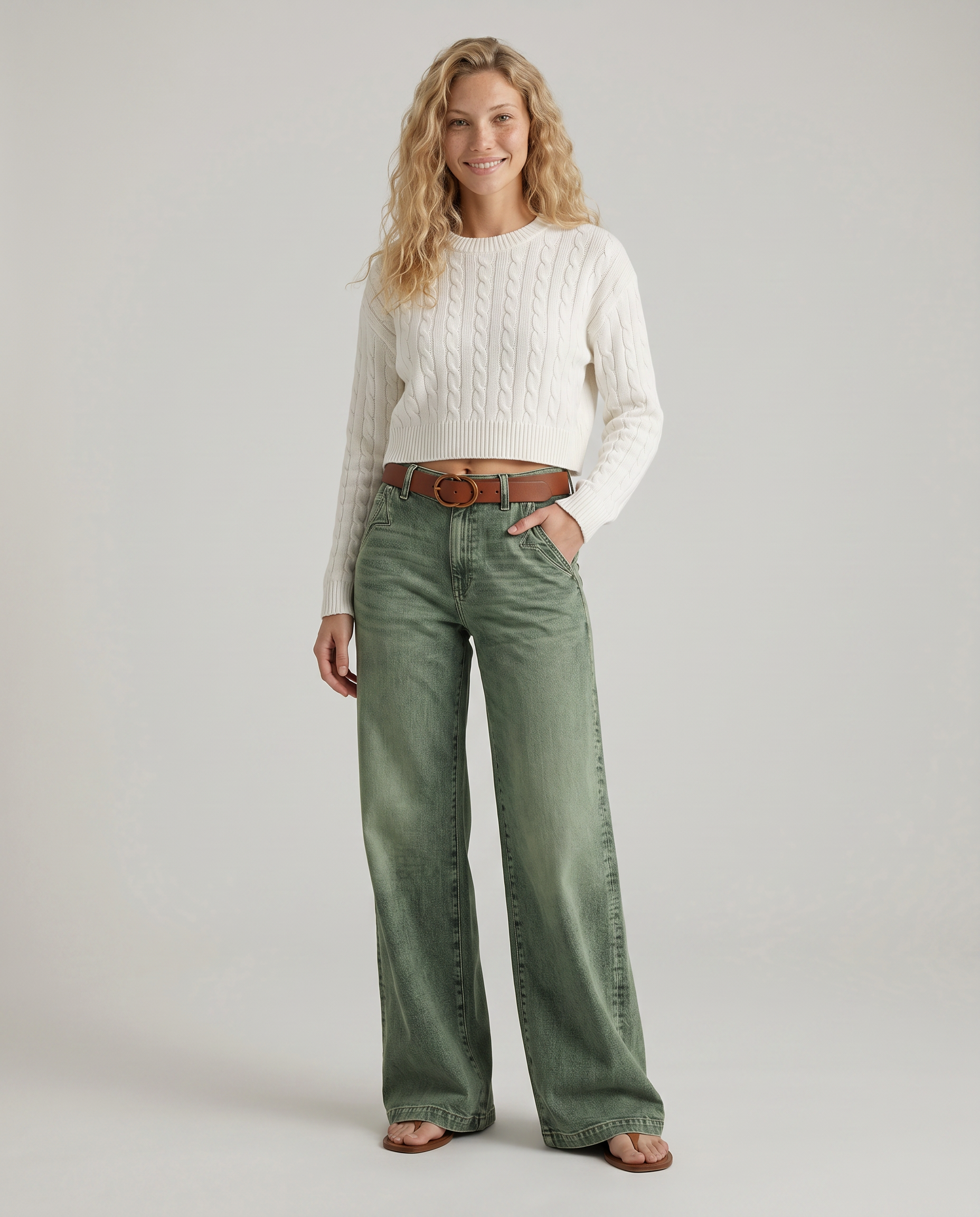 Women's High Rise Wide Leg Jeans in Faded Green – Relaxed Denim for Everyday Wear