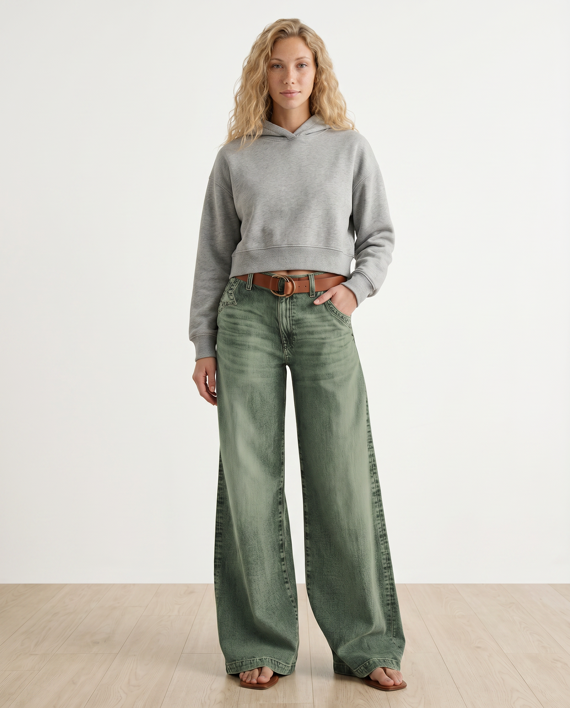 Women's High Rise Wide Leg Jeans in Faded Green – Relaxed Denim for Everyday Wear
