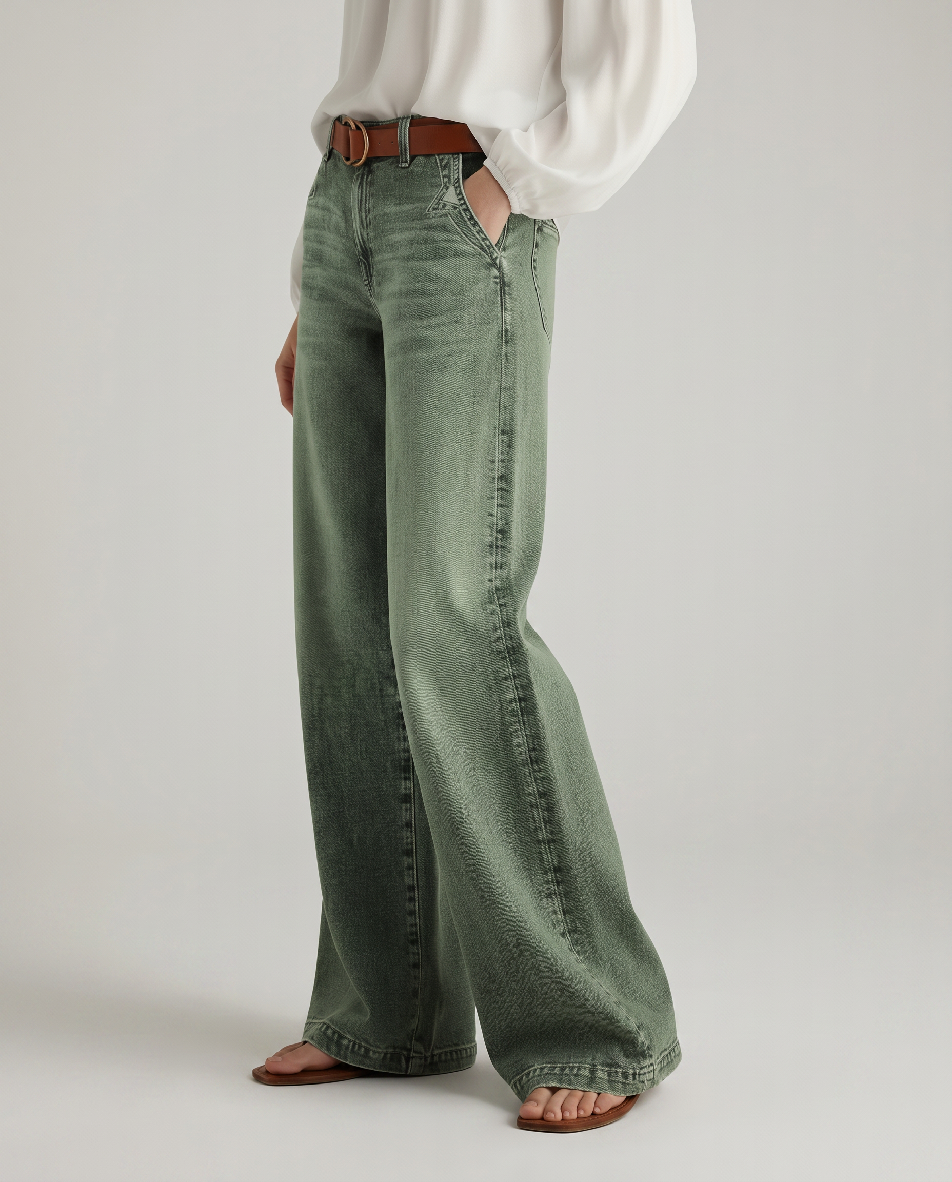 Women's High Rise Wide Leg Jeans in Faded Green – Relaxed Denim for Everyday Wear