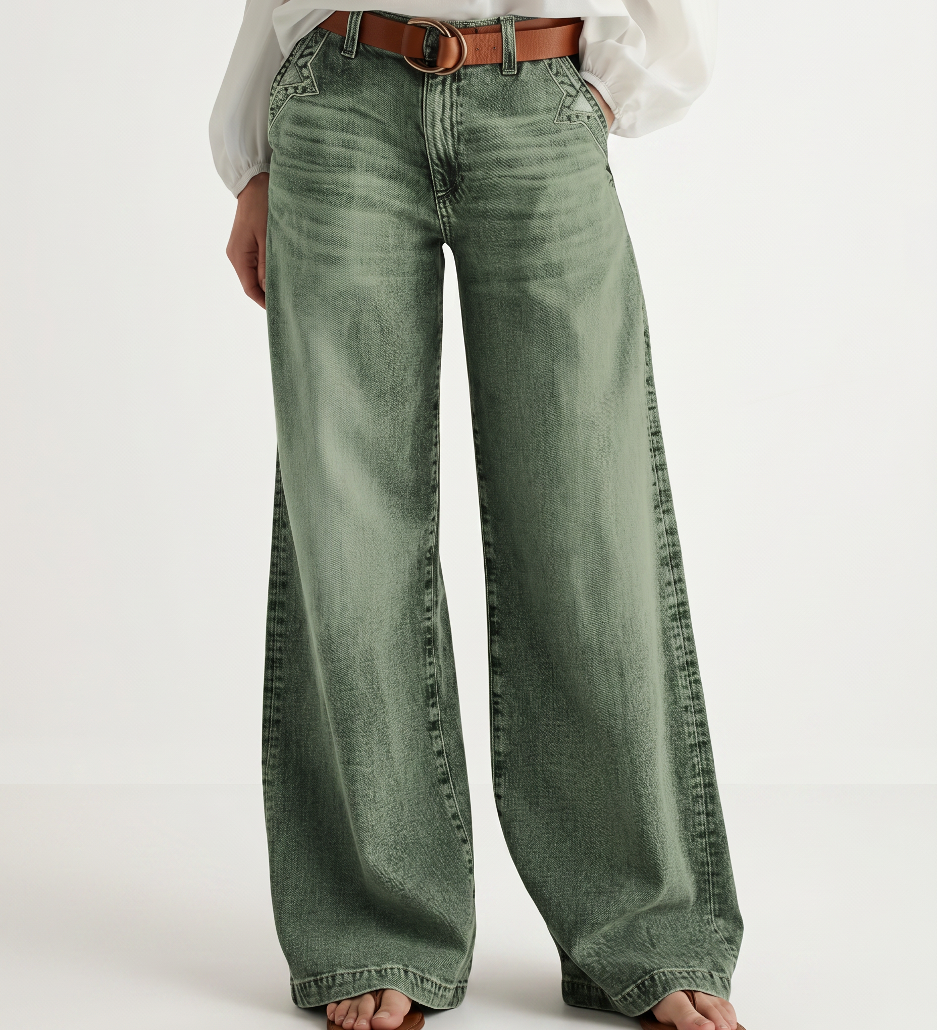 Women's High Rise Wide Leg Jeans in Faded Green – Relaxed Denim for Everyday Wear