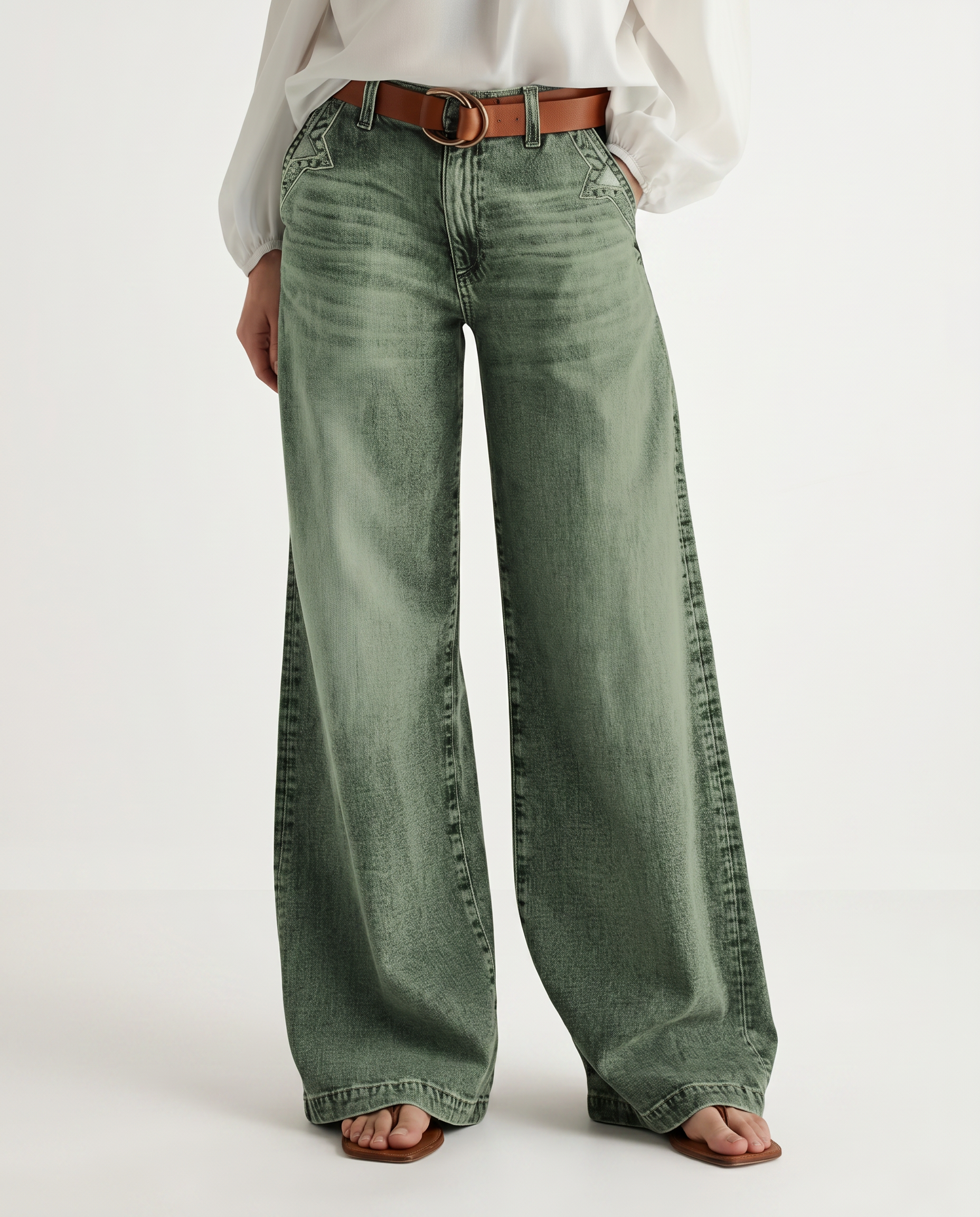 Women's High Rise Wide Leg Jeans in Faded Green – Relaxed Denim for Everyday Wear