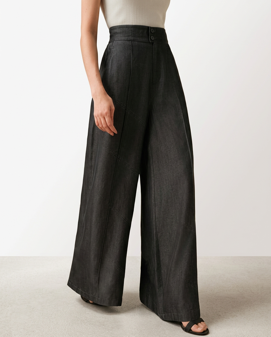 Women's Mid-Waist Wide Leg Jeans with Front Pleats – Dark Wash Denim Pants for Smart Casual