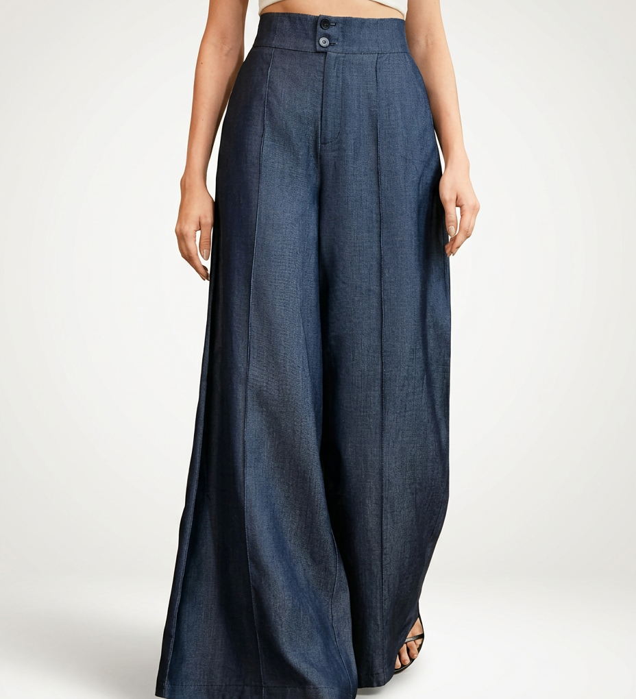 Women's Mid-Waist Wide Leg Jeans with Front Pleats – Dark Wash Denim Pants for Smart Casual