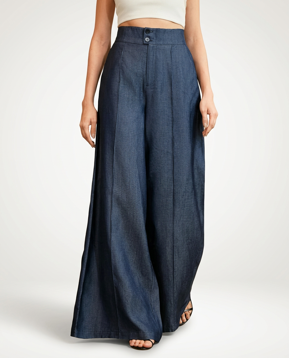 Women's Mid-Waist Wide Leg Jeans with Front Pleats – Dark Wash Denim Pants for Smart Casual