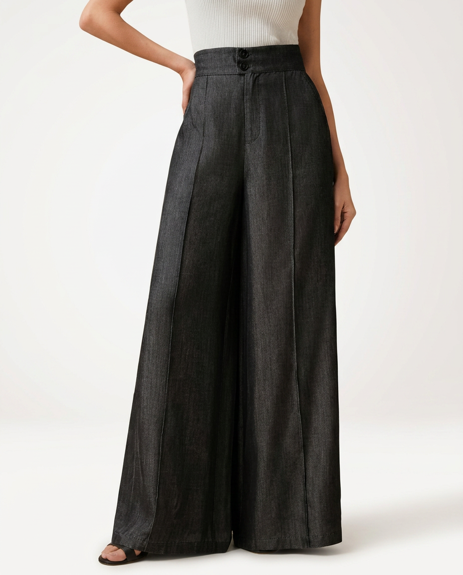 Women's Mid-Waist Wide Leg Jeans with Front Pleats – Dark Wash Denim Pants for Smart Casual