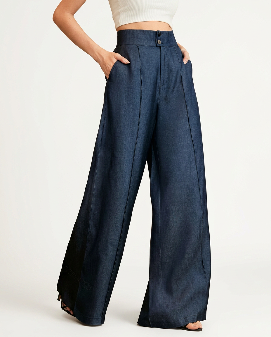 Women's Mid-Waist Wide Leg Jeans with Front Pleats – Dark Wash Denim Pants for Smart Casual