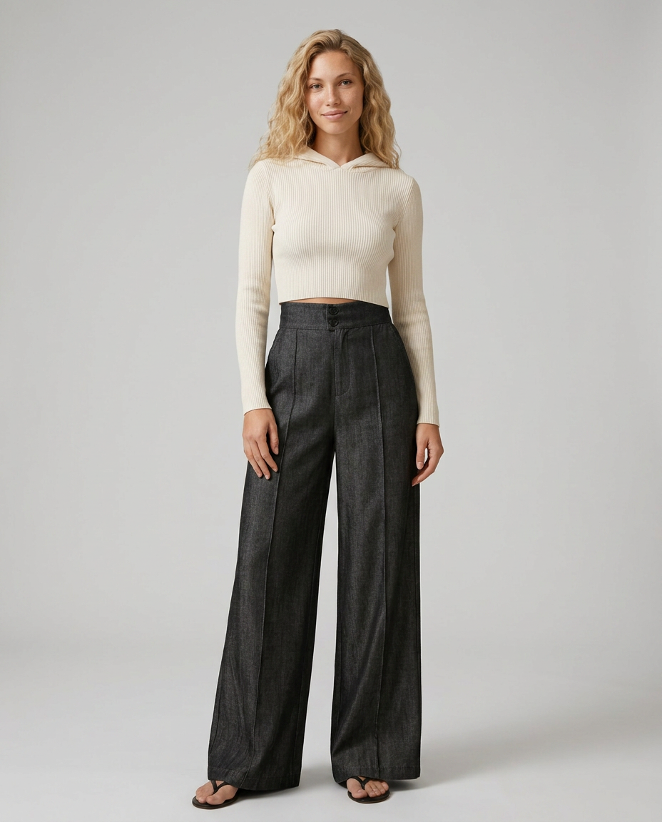 Women's Mid-Waist Wide Leg Jeans with Front Pleats – Dark Wash Denim Pants for Smart Casual