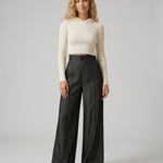 Women's Mid-Waist Wide Leg Jeans with Front Pleats – Dark Wash Denim Pants for Smart Casual