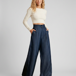 Women's Mid-Waist Wide Leg Jeans with Front Pleats – Dark Wash Denim Pants for Smart Casual