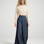 Women's Mid-Waist Wide Leg Jeans with Front Pleats – Dark Wash Denim Pants for Smart Casual