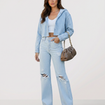 Women's High Rise Wide Leg Jeans with Distressed Knees – Relaxed Denim Jeans