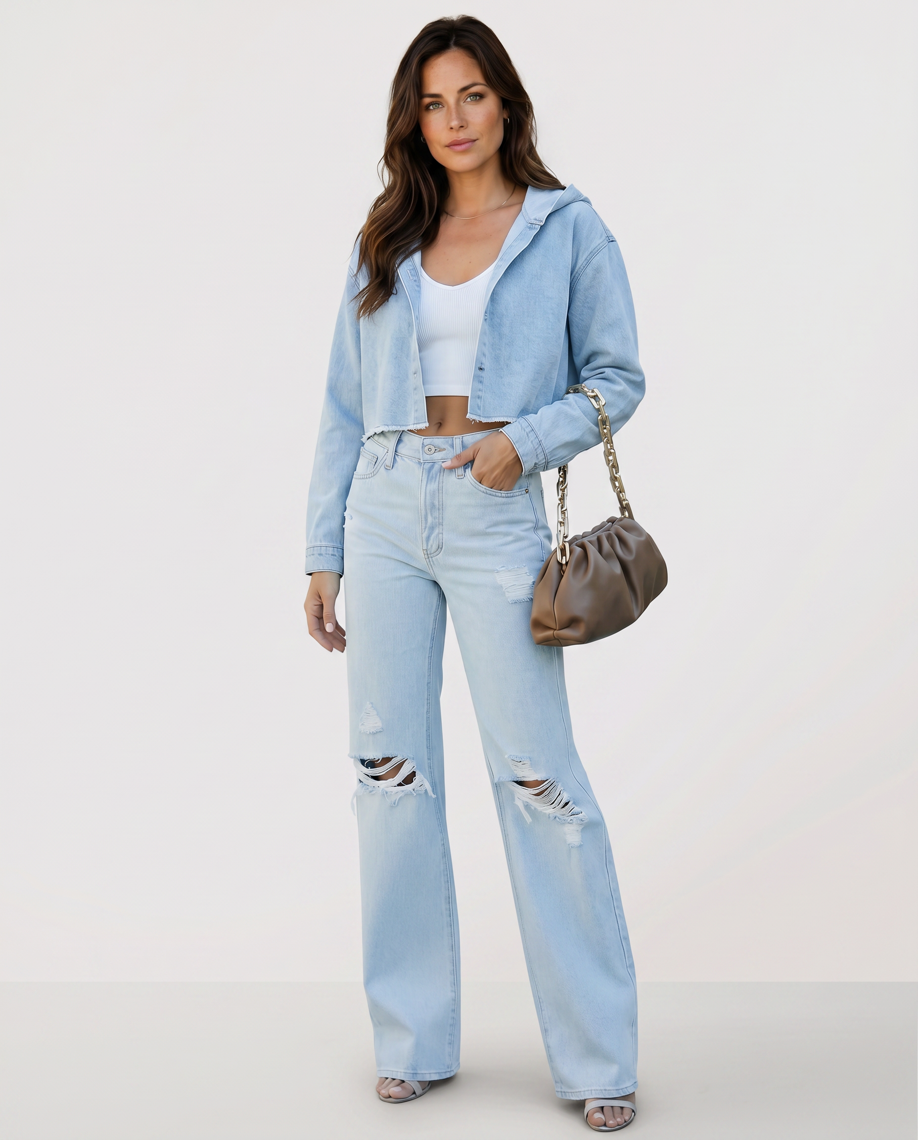 Women's High Rise Wide Leg Jeans with Distressed Knees – Relaxed Denim Jeans