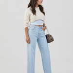 Women's High Rise Wide Leg Jeans with Distressed Knees – Relaxed Denim Jeans