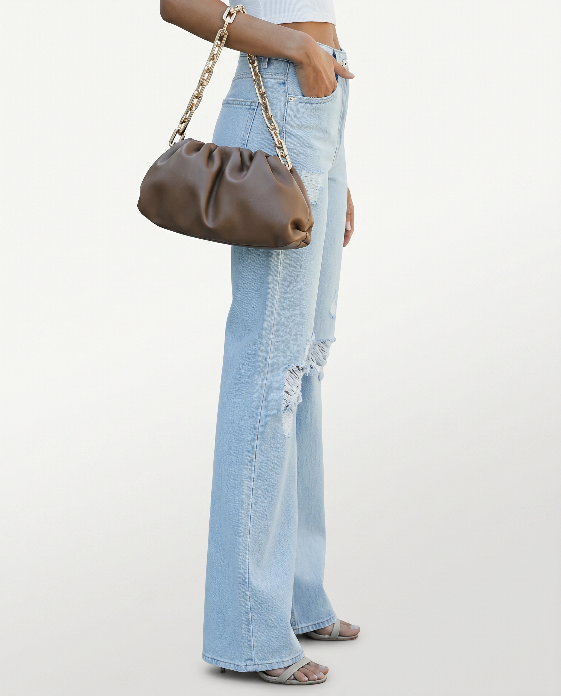 Women's High Rise Wide Leg Jeans with Distressed Knees – Relaxed Denim Jeans
