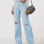 Women's High Rise Wide Leg Jeans with Distressed Knees – Relaxed Denim Jeans
