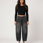 Women's Black Tapered Ankle Jeans with Elastic Waist – Relaxed Pull-On Denim for Everyday Wear