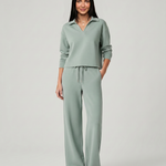 Women's Collared V-Neck Shirt & Wide-Leg Pants Set – Relaxed Two-Piece Outfit for Travel & Casual