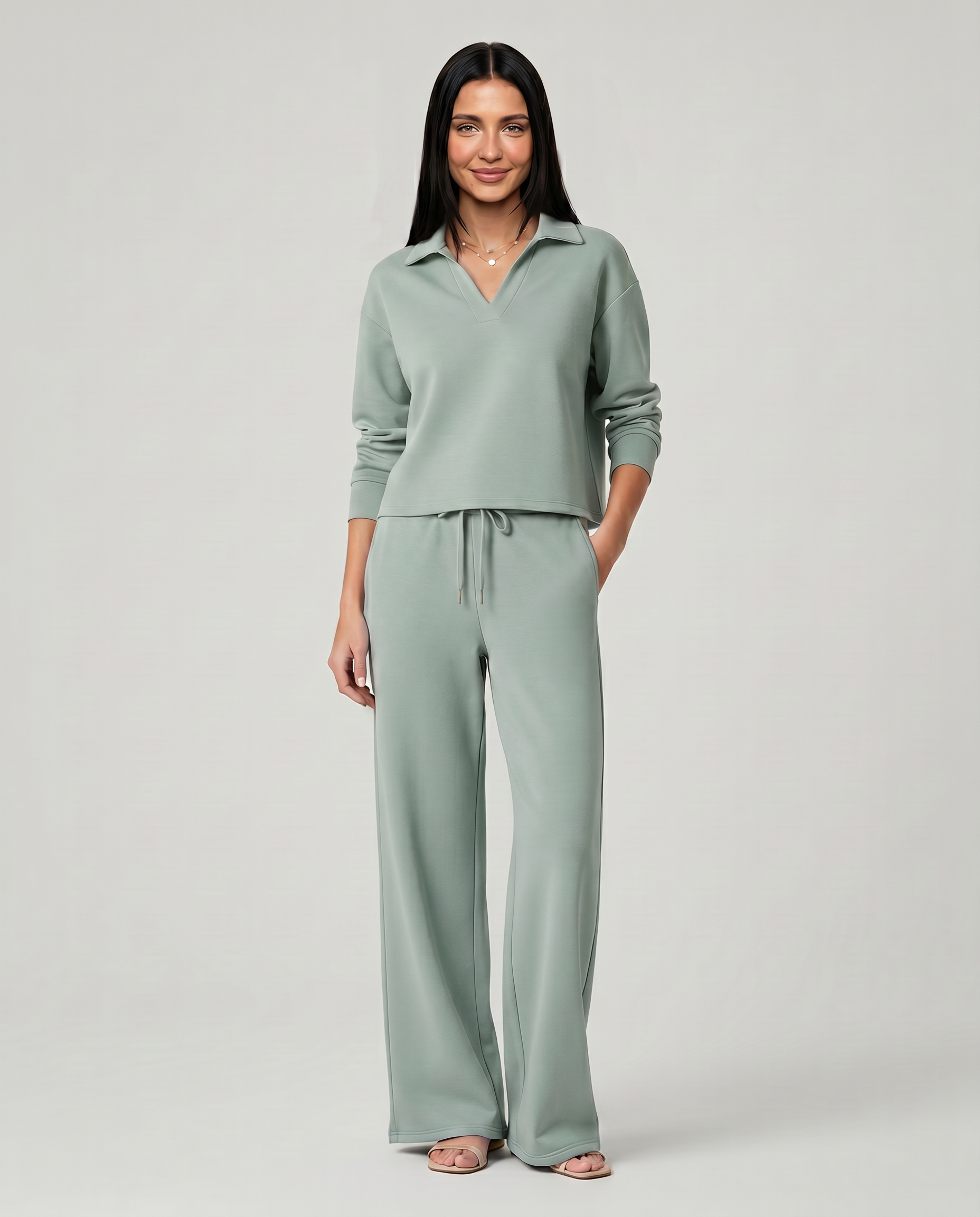 Women's Collared V-Neck Shirt & Wide-Leg Pants Set – Relaxed Two-Piece Outfit for Travel & Casual