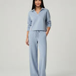 Women's Collared V-Neck Shirt & Wide-Leg Pants Set – Relaxed Two-Piece Outfit for Travel & Casual
