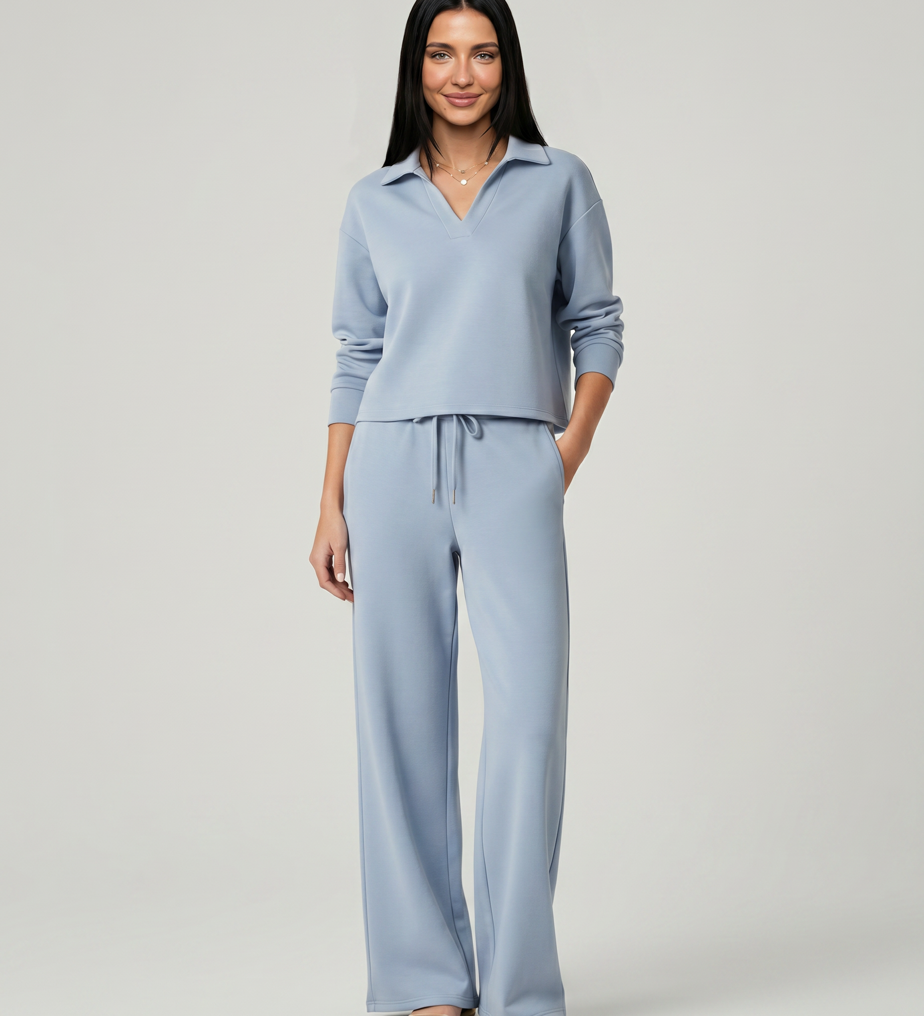 Women's Collared V-Neck Shirt & Wide-Leg Pants Set – Relaxed Two-Piece Outfit for Travel & Casual