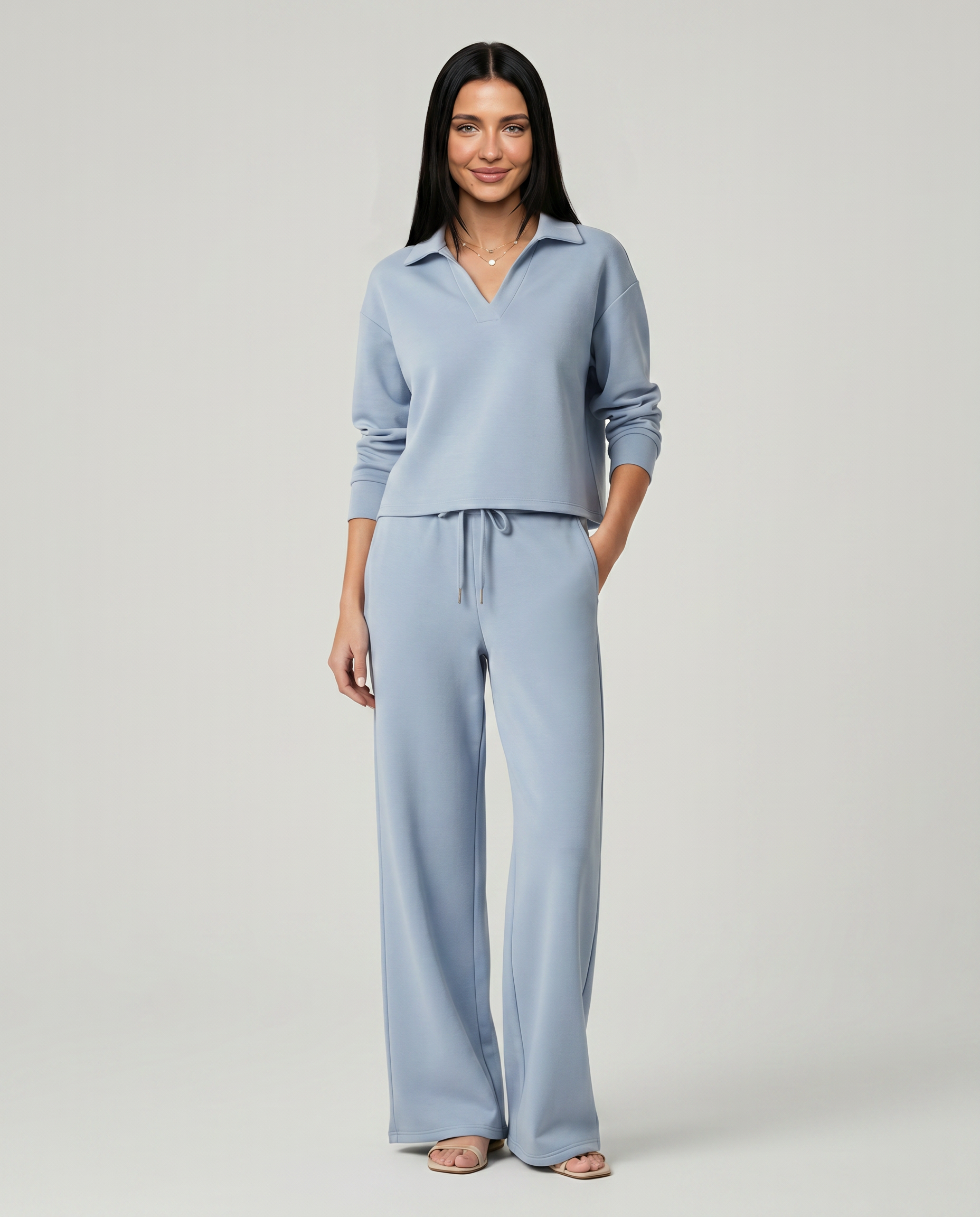 Women's Collared V-Neck Shirt & Wide-Leg Pants Set – Relaxed Two-Piece Outfit for Travel & Casual