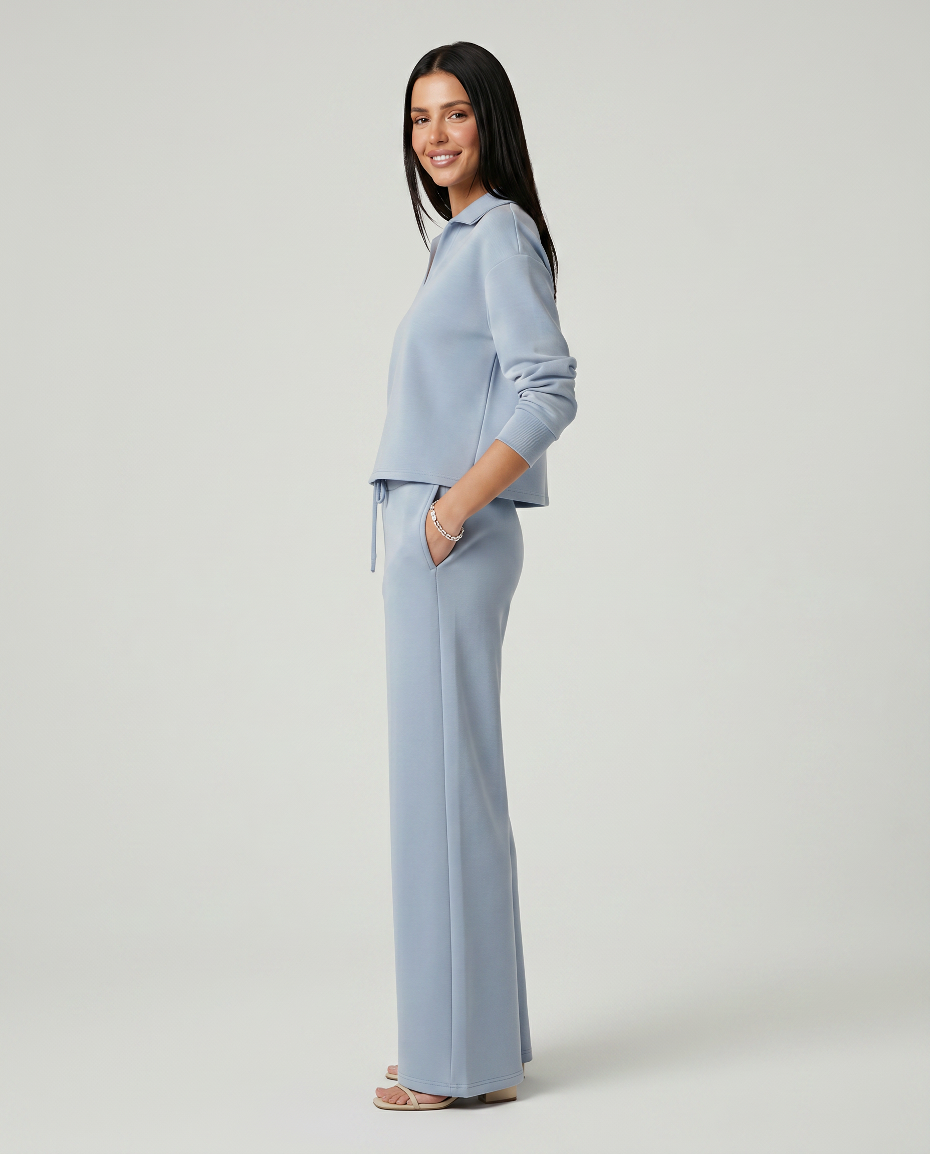 Women's Collared V-Neck Shirt & Wide-Leg Pants Set – Relaxed Two-Piece Outfit for Travel & Casual