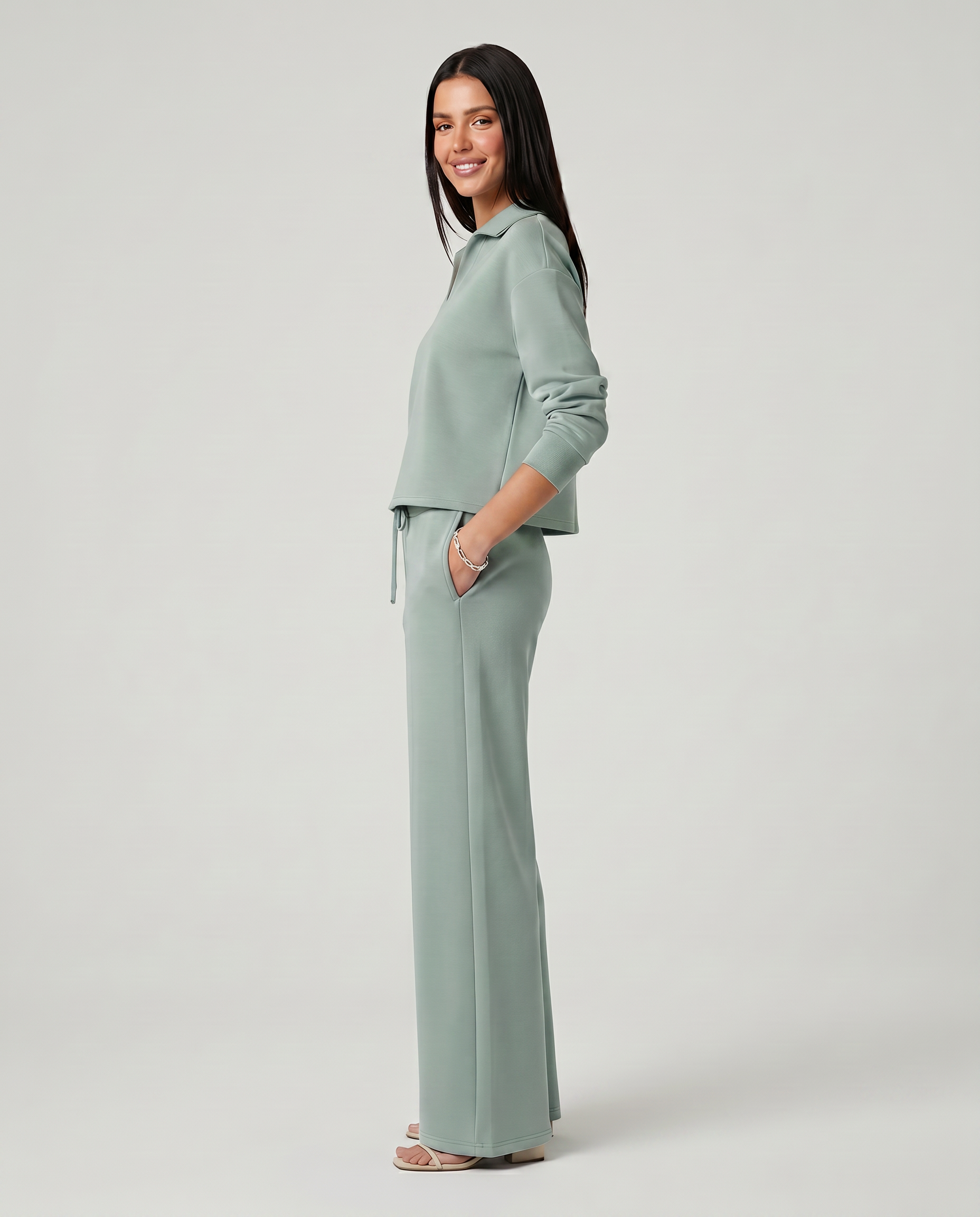 Women's Collared V-Neck Shirt & Wide-Leg Pants Set – Relaxed Two-Piece Outfit for Travel & Casual
