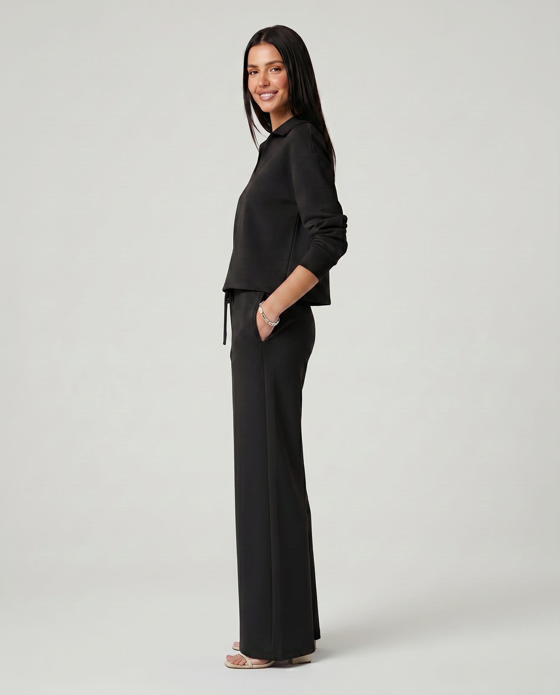 Women's Collared V-Neck Shirt & Wide-Leg Pants Set – Relaxed Two-Piece Outfit for Travel & Casual
