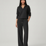 Women's Collared V-Neck Shirt & Wide-Leg Pants Set – Relaxed Two-Piece Outfit for Travel & Casual