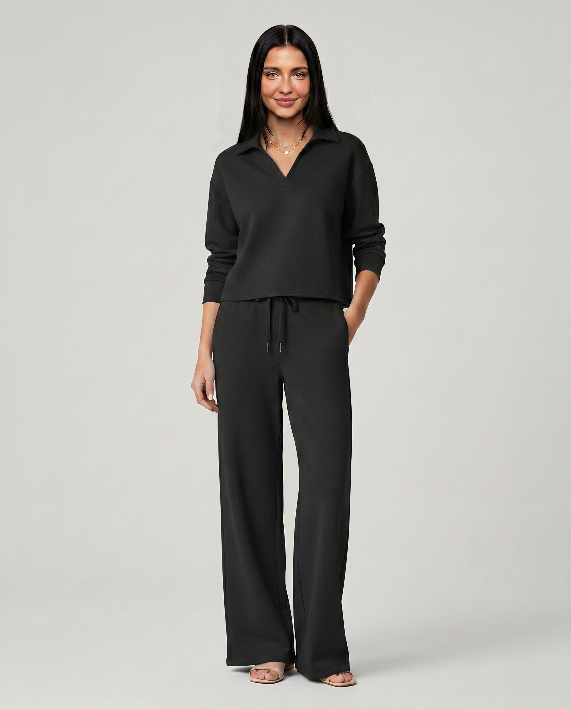 Women's Collared V-Neck Shirt & Wide-Leg Pants Set – Relaxed Two-Piece Outfit for Travel & Casual