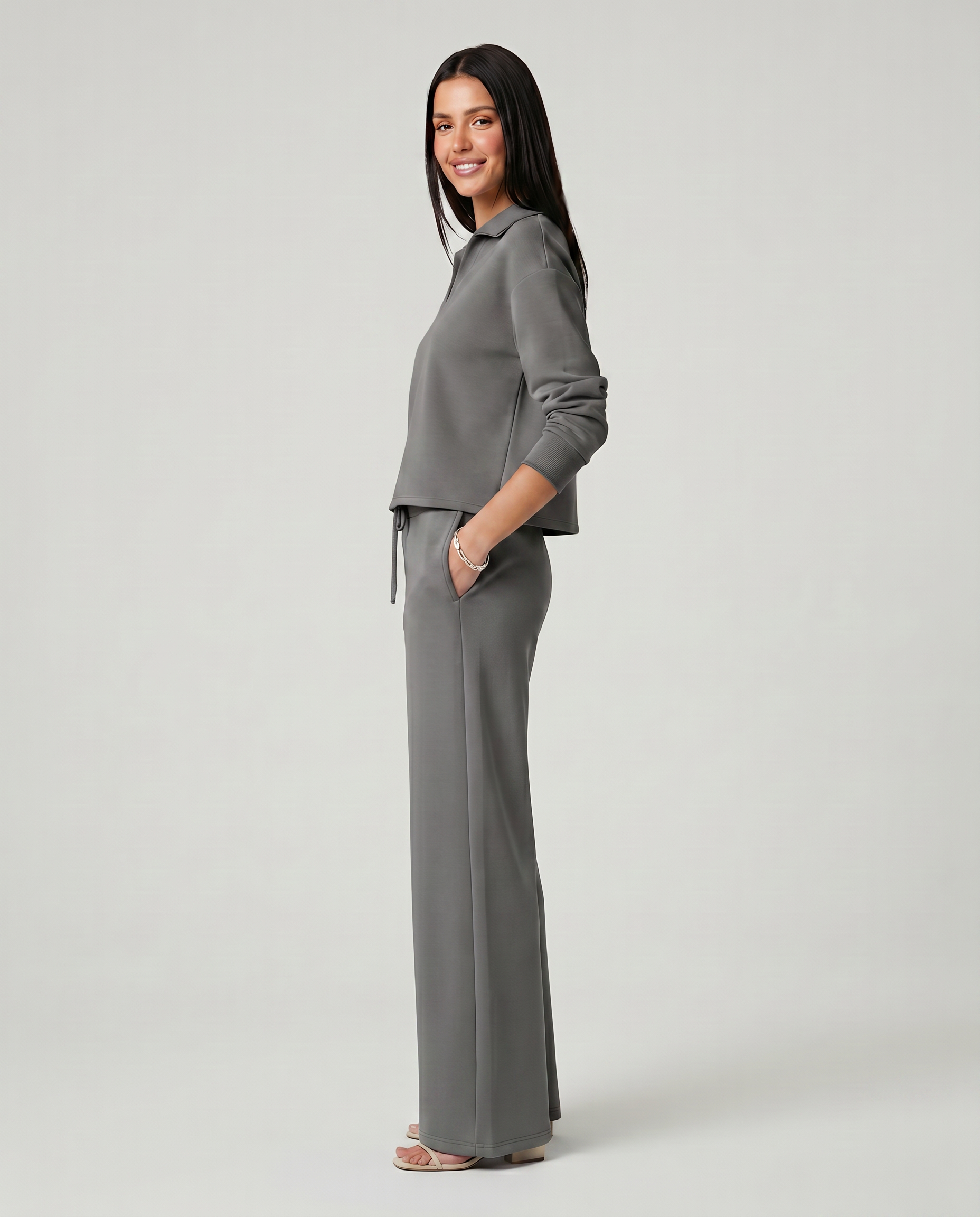 Women's Collared V-Neck Shirt & Wide-Leg Pants Set – Relaxed Two-Piece Outfit for Travel & Casual