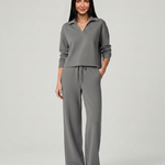 Women's Collared V-Neck Shirt & Wide-Leg Pants Set – Relaxed Two-Piece Outfit for Travel & Casual