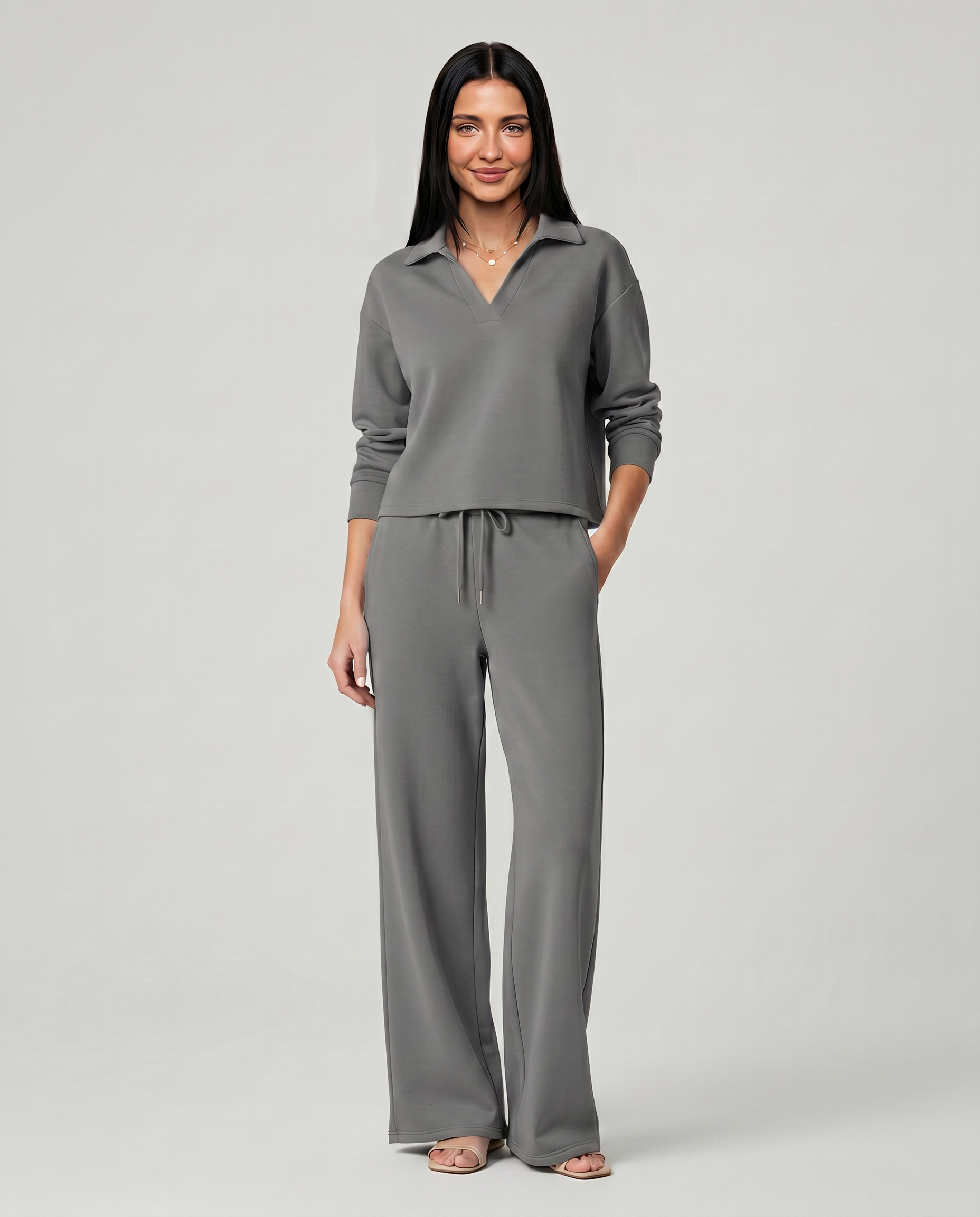 Women's Collared V-Neck Shirt & Wide-Leg Pants Set – Relaxed Two-Piece Outfit for Travel & Casual