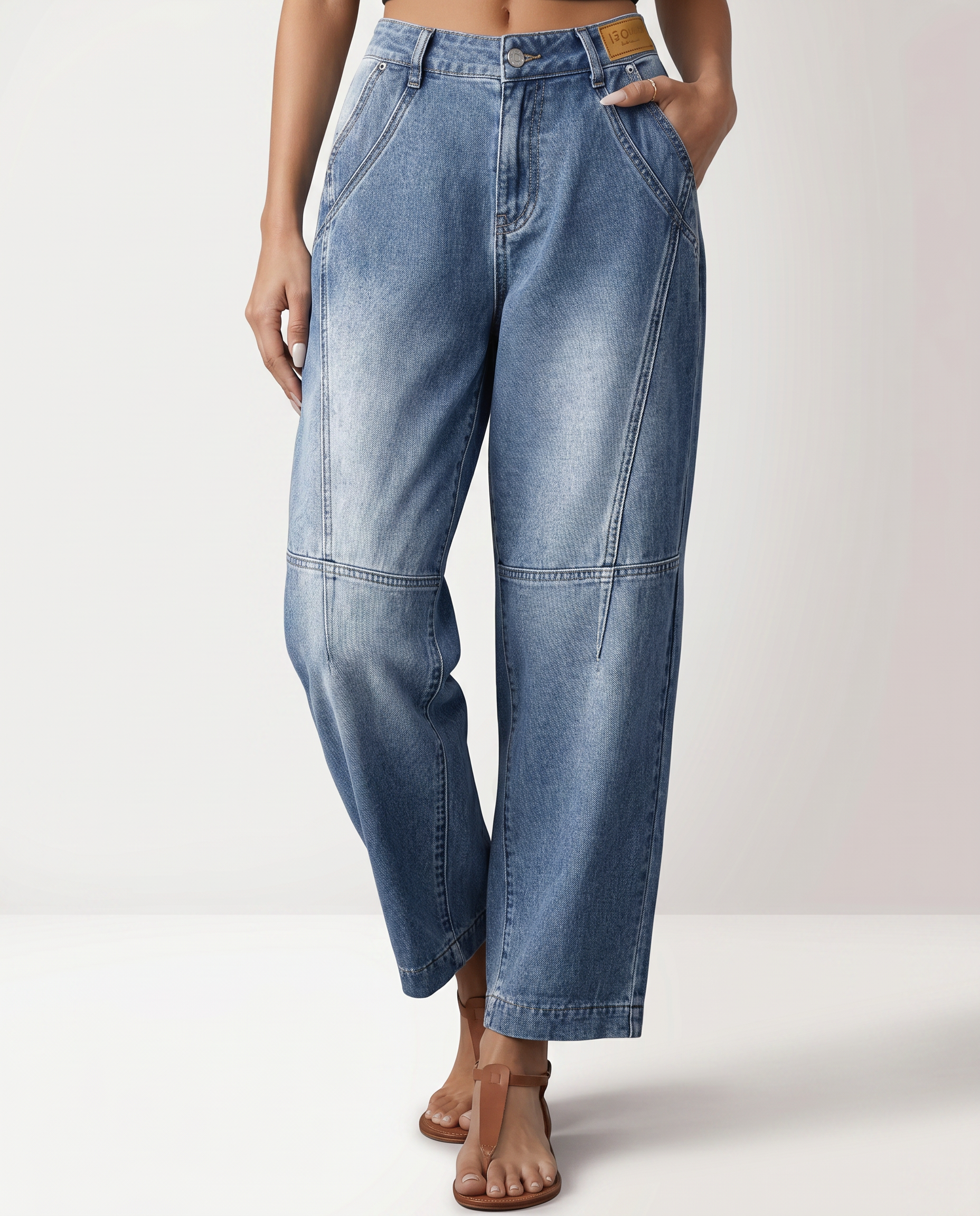 Women's Straight-Leg Cropped Jeans with Seam Detail – Mid-Waist Washed Blue Denim for Everyday
