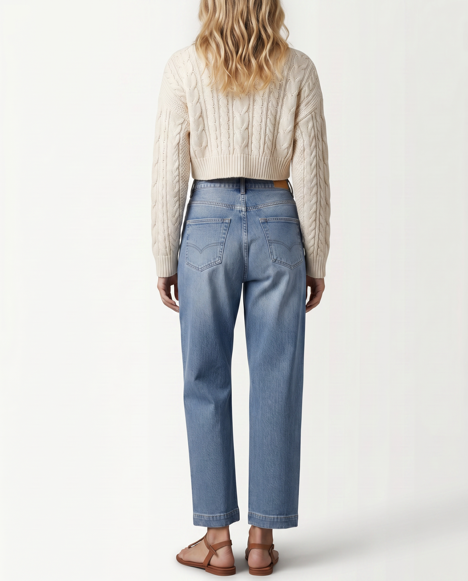 Women's Straight-Leg Cropped Jeans with Seam Detail – Mid-Waist Washed Blue Denim for Everyday