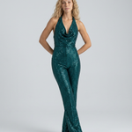 Women's Sequin Halter Neck Jumpsuit with Wide Legs & Open Back – Evening & Party Jumpsuit