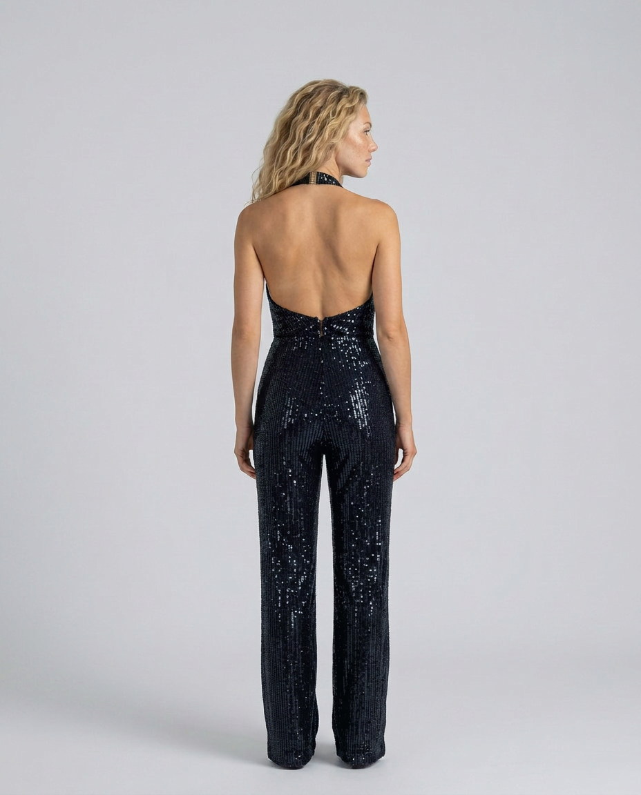 Women's Sequin Halter Neck Jumpsuit with Wide Legs & Open Back – Evening & Party Jumpsuit